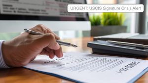 Hand signing USCIS immigration form with pen showing proper wet signature technique