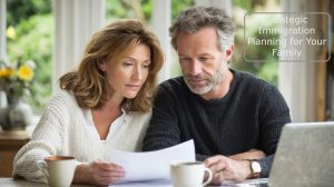 Canadian couple reviewing immigration documents and planning their family's move to United States with hope and determination