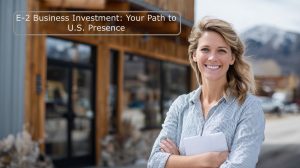 Confident Canadian business owner in front of modern Mountain West business establishment representing E-2 treaty investor opportunity
