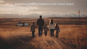Canadian family walking toward American flag on Montana prairie at golden hour, symbolizing immigration journey to freedom in United States