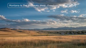 Montana countryside with wide open spaces, mountains, and small town showing the appeal of Mountain West freedom and independence