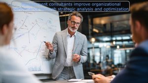 Business consultant presenting strategic analysis and optimization plans to executive team with performance charts on whiteboard