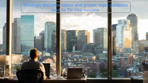 Professional working successfully at modern American office with urban skyline visible through windows